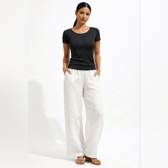 In Charge Tops - Elegant Black and Silver Striped Short Sleeve Top. Size S .